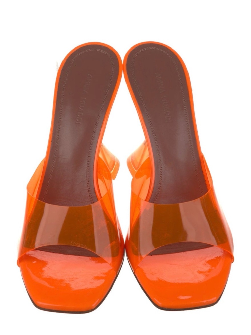 Amina Muaddi Orange Clear Strap Slide Heels